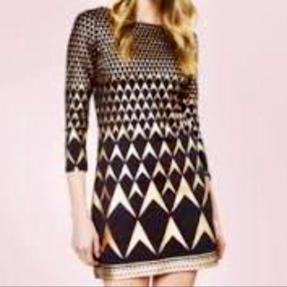 JB by Julie Brown NYC black w/metallic gold long sleeve mini dress. Size small